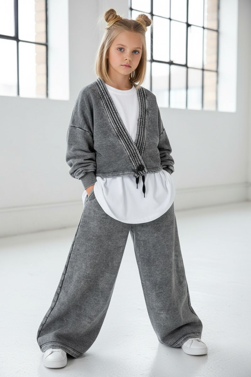 Komplet 3-częściowy Look Style bluza, t-shirt, spodnie, jasny szary