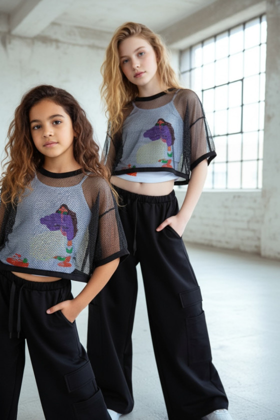 Komplet 3częściowy dziewczęcy Projektantka top+bluzka siatka+spodnie