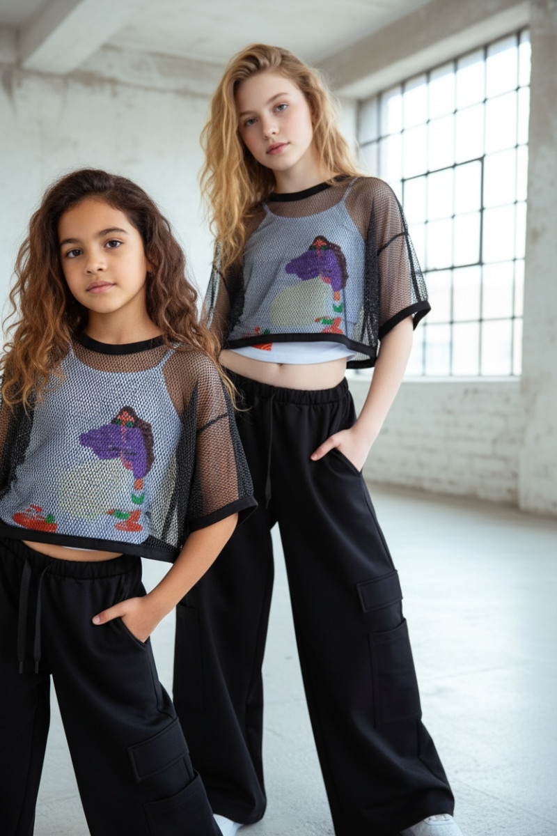 Komplet 3częściowy dziewczęcy Projektantka top+bluzka siatka+spodnie