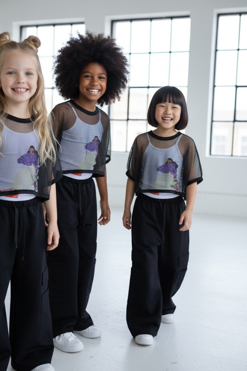 Komplet 3częściowy dziewczęcy Projektantka top+bluzka siatka+spodnie