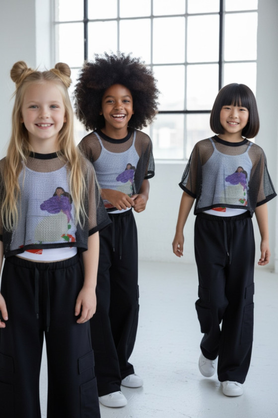 Komplet 3częściowy dziewczęcy Projektantka top+bluzka siatka+spodnie