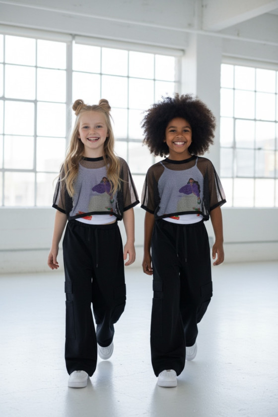 Komplet 3częściowy dziewczęcy Projektantka top+bluzka siatka+spodnie