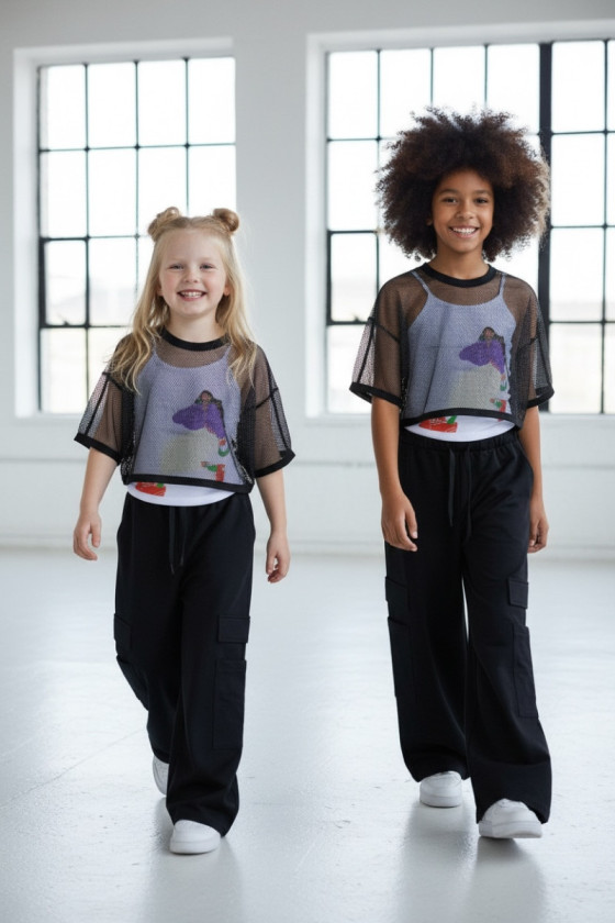 Komplet 3częściowy dziewczęcy Projektantka top+bluzka siatka+spodnie