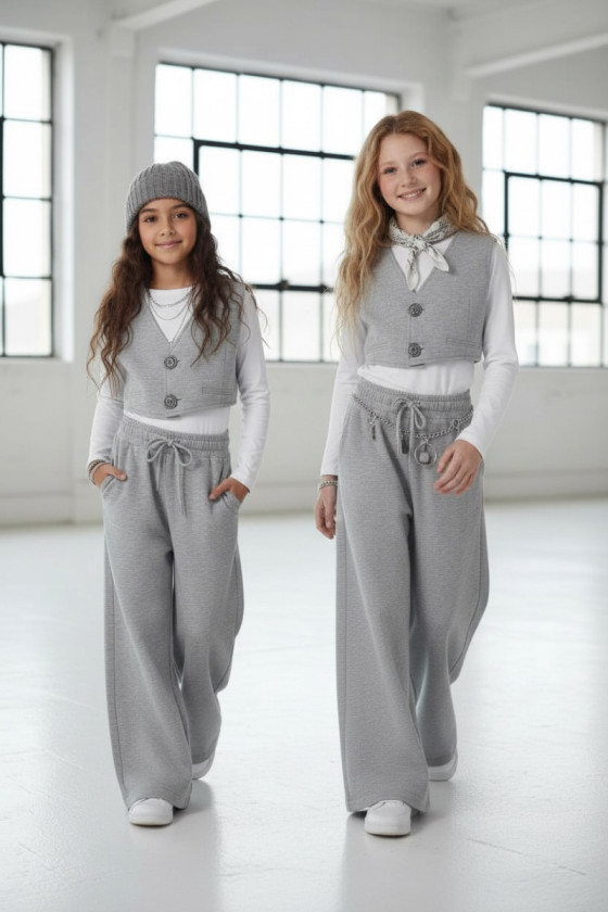 Komplet 3-częściowy Olena kamizeka, biały pasek top, spodnie