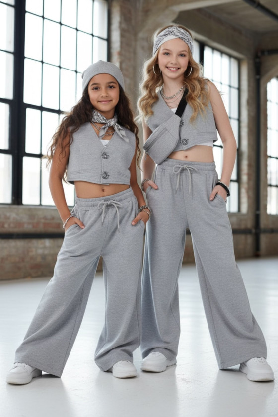 Komplet 3-częściowy Olena kamizeka, biały pasek top, spodnie